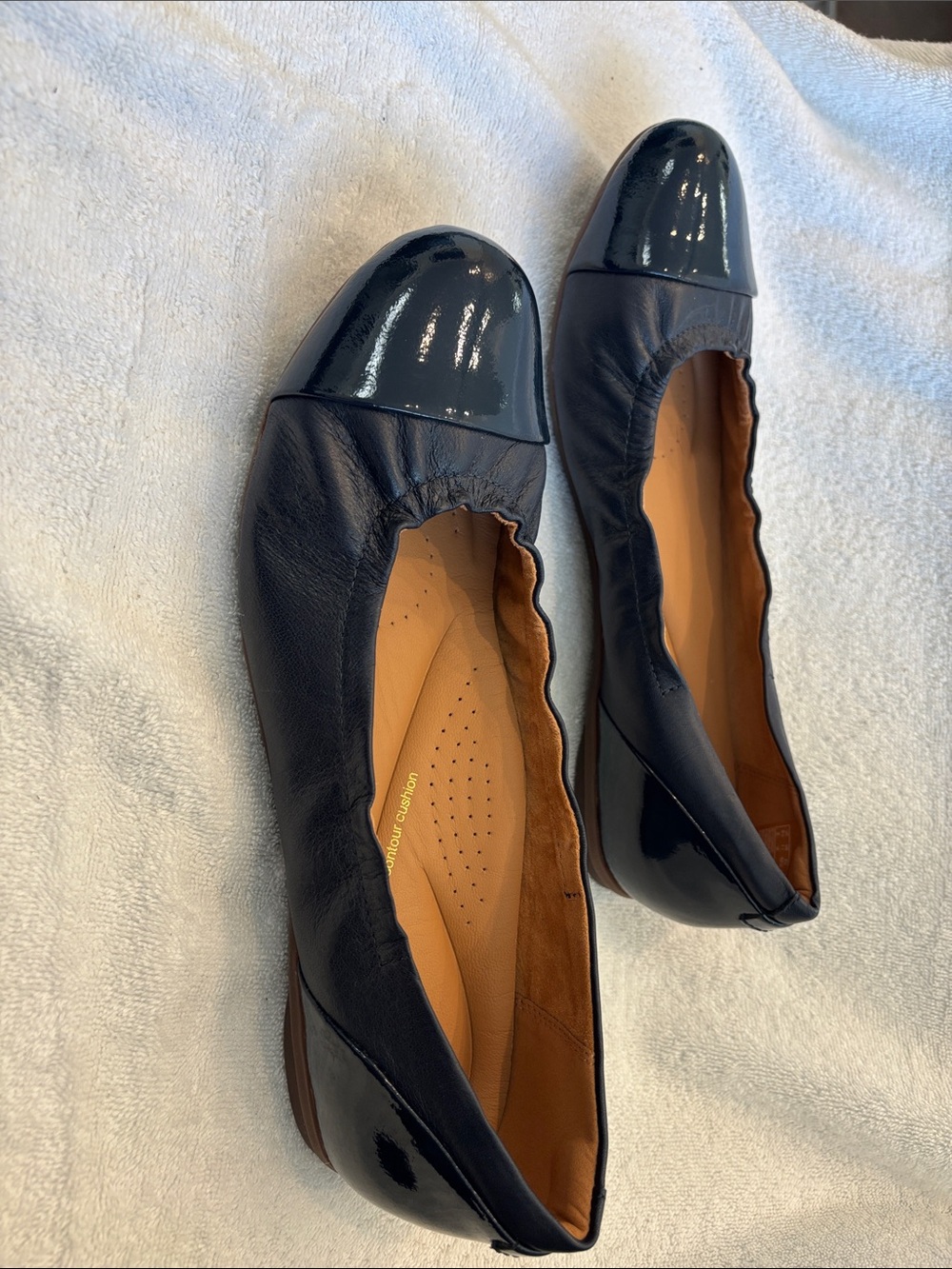 Clarks Navy Leather Ballet Flats with Patent Cap Toe